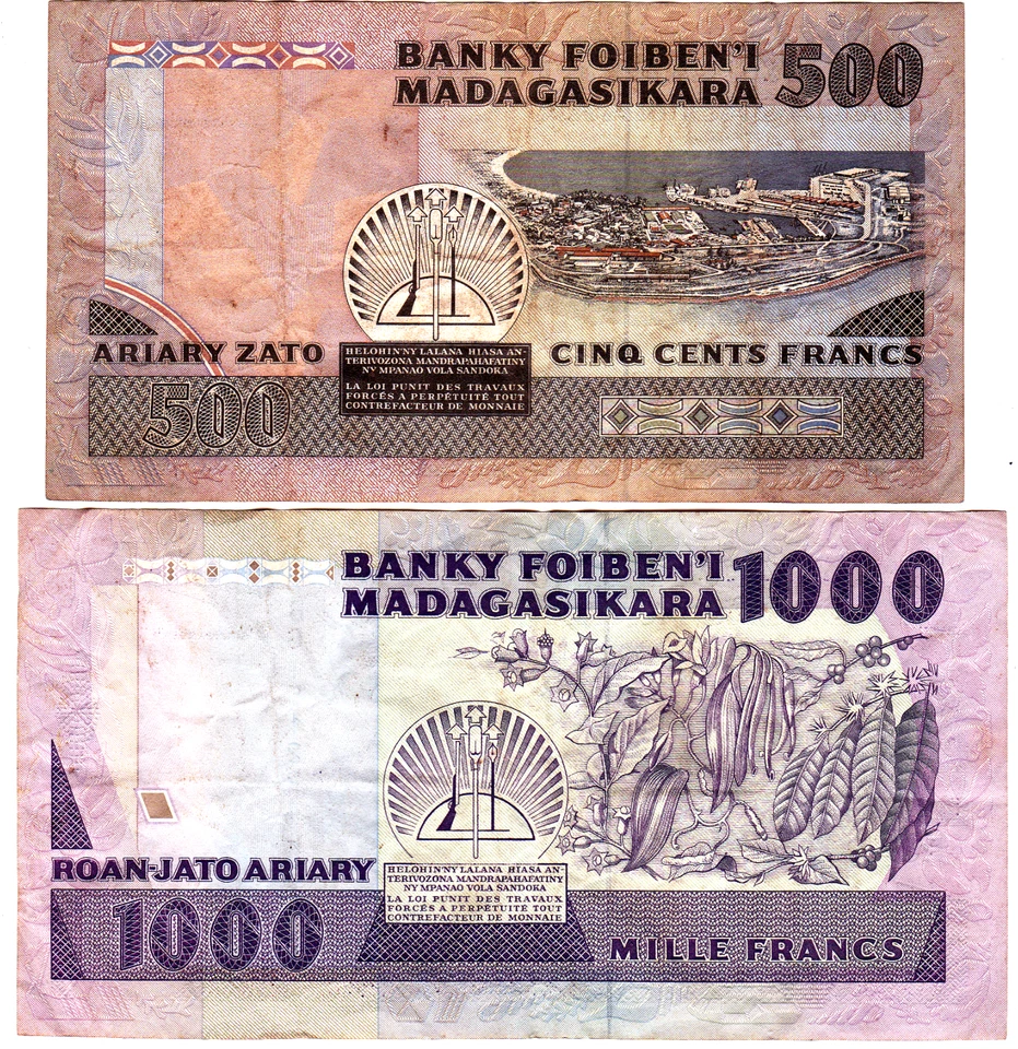 Mazuma *F2502 Madagascar 500 & 1000 Ariary 2pcs Mix Conditions with Stapler Hole - Image 3 of 3