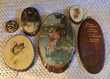 Vtg. 6 Wood slab plaques forest scenes w/deer...