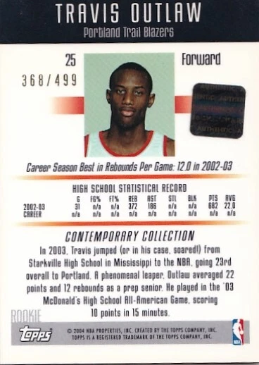 2003-04 Topps Contemporary Collection #25 Travis Outlaw AUTO 368/499 RC - Image 2 of 2