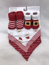 Boys Girls Baby 5 Piece Set Bibs and Socks Christmas 0-9M Santa Striped Red NEW