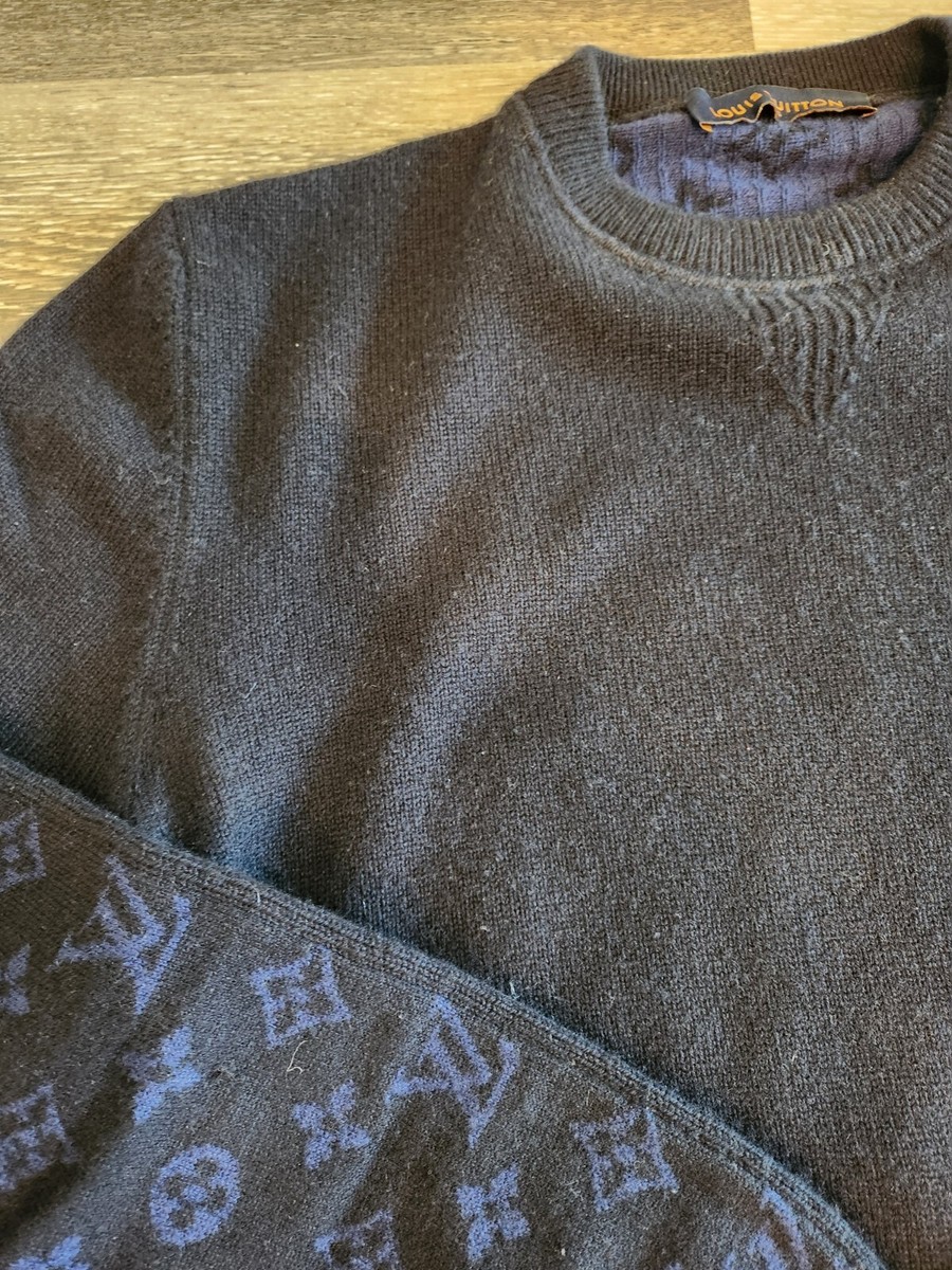 Louis Vuitton Men's Sweater Navy Monogram Crew Neck Cashmere