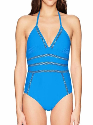 Ella Moss Women's Crafty V Neck One Piece Swimsuit Swimwear Stone Blue S