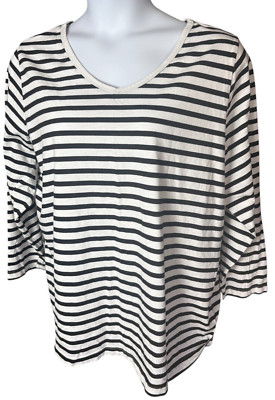 Woman Within White/Black Stripe V Neck Cotton Long Sleeve Top Size 26/28 (H21)