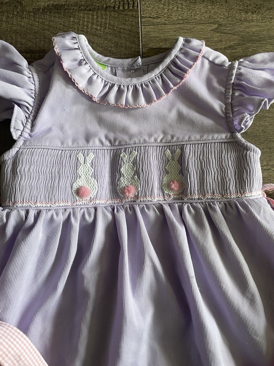 Classic Whimsy Size 12 Months Smocked Dress Pink Purple Bunnies Rabbits  Easter