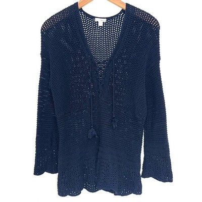 J Jill Navy Navy Blue Crochet Tassel Cape Cod Sweater Size Small