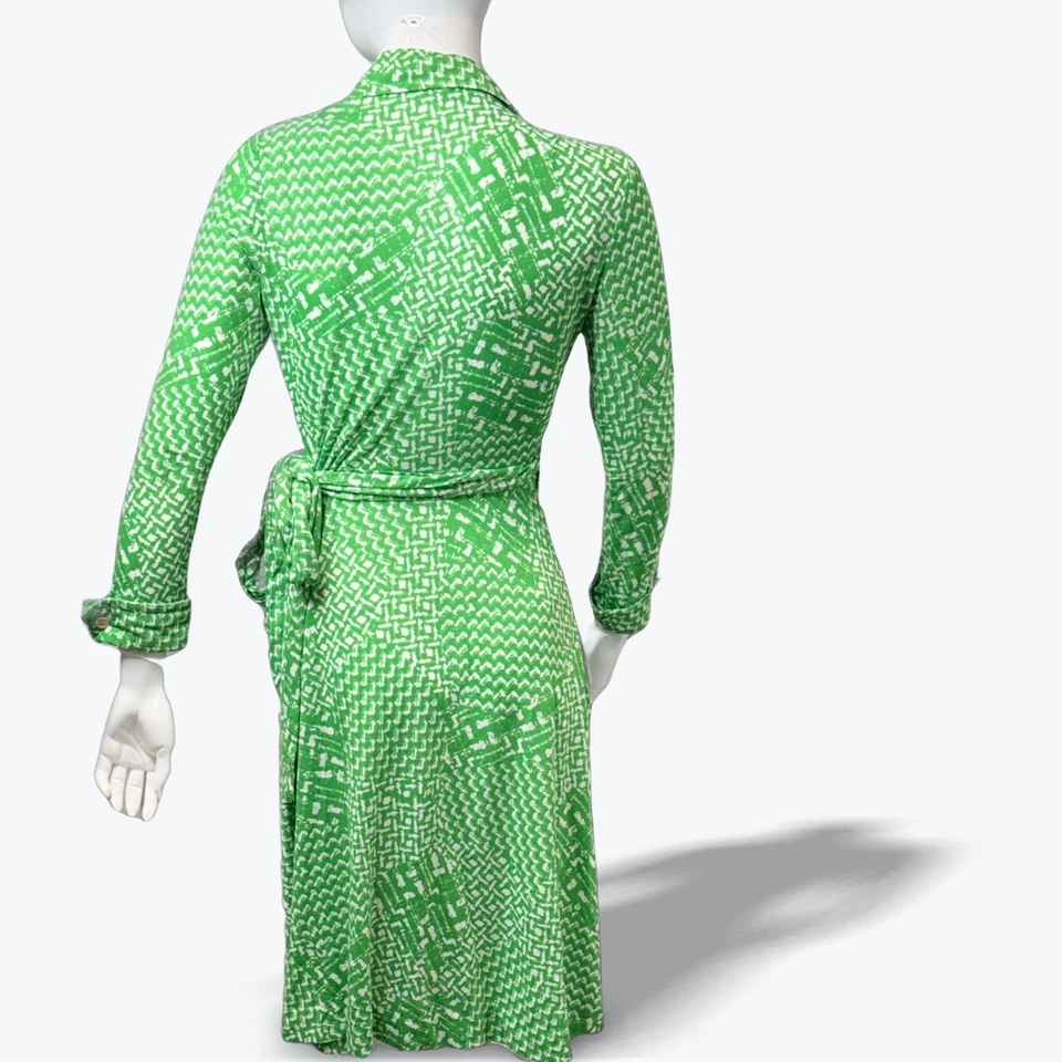 Vestido envolvente Diane von Furstenberg años 70 vintage verde estampado geo manga larga 6 Foto 3 de 4