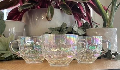 Federal Glass Vintage Thumbprint Iridescent Tea Cup Set Of 4