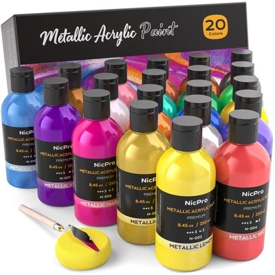 NICPRO Metallic Acrylfarben Set 20× 250 ml 20 Farben große Acrylfarbe lose ungiftig ...