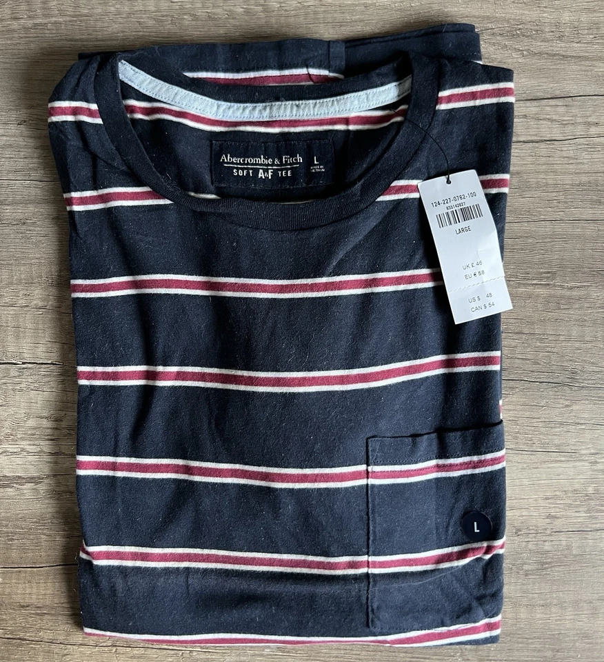Abercrombie & Fitch T-shirt Blue With Red Stripe L Size New - Photo 1/2