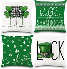 St Patricks Day Pillow Covers 18x18 Set of 4, Shamrocks Green 