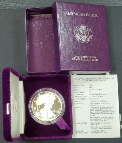 1988 US Proof Silver Eagle - 1 oz .999 Fine Silver Coin BOX & COA #1