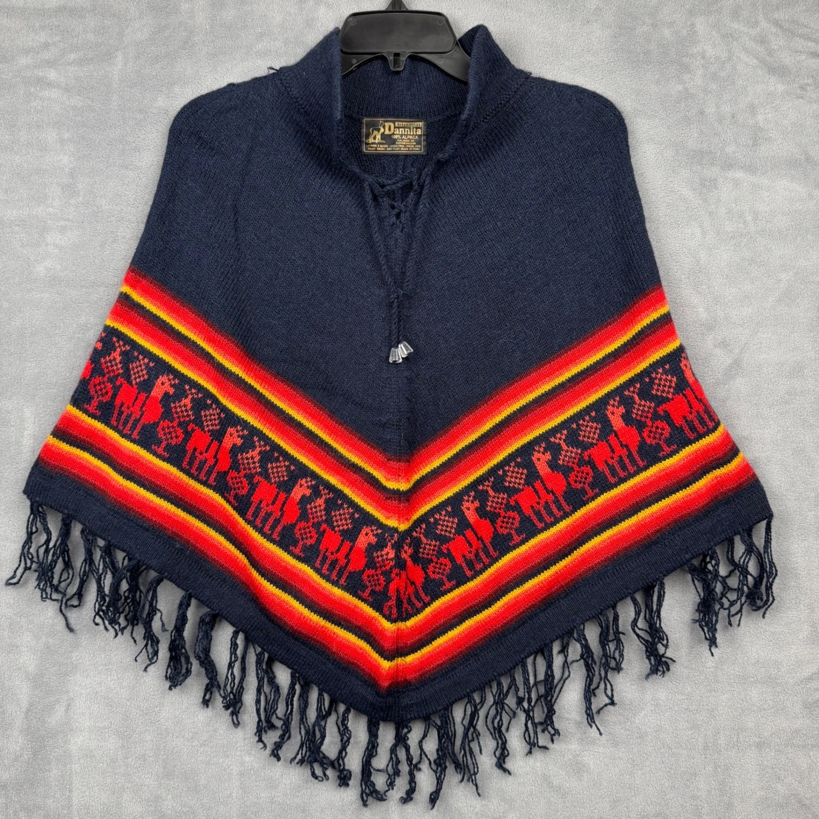 Dannita 100% Alpaca Poncho Navy Red Yellow Geometric Fringe Made Peru Women