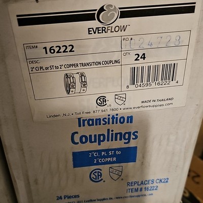 Everflow 16222 2in CI/PL ST to 2in Copper Transition Coupling, 24 Pack