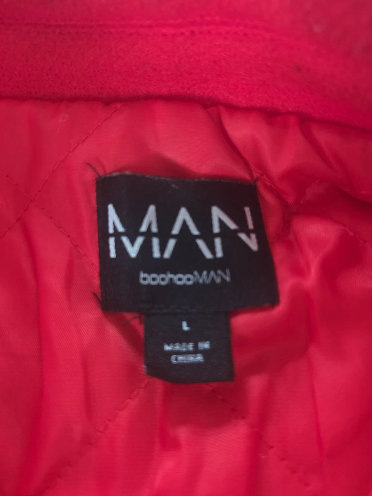 boohooMAN Men's Red Letterman Varsity Jacket Patches Quilted Lining Snap Sz L image 4