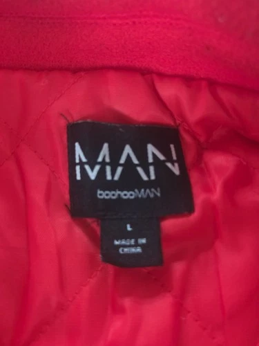 boohooMAN Men's Red Letterman Varsity Jacket Patches Quilted Lining Snap Sz L image 4