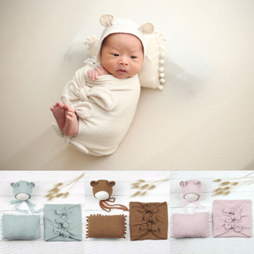 Newborn Photography Props Baby Swaddling Wrap Blanket Clothing Hat Pillow Set  - Picture 1 of 22