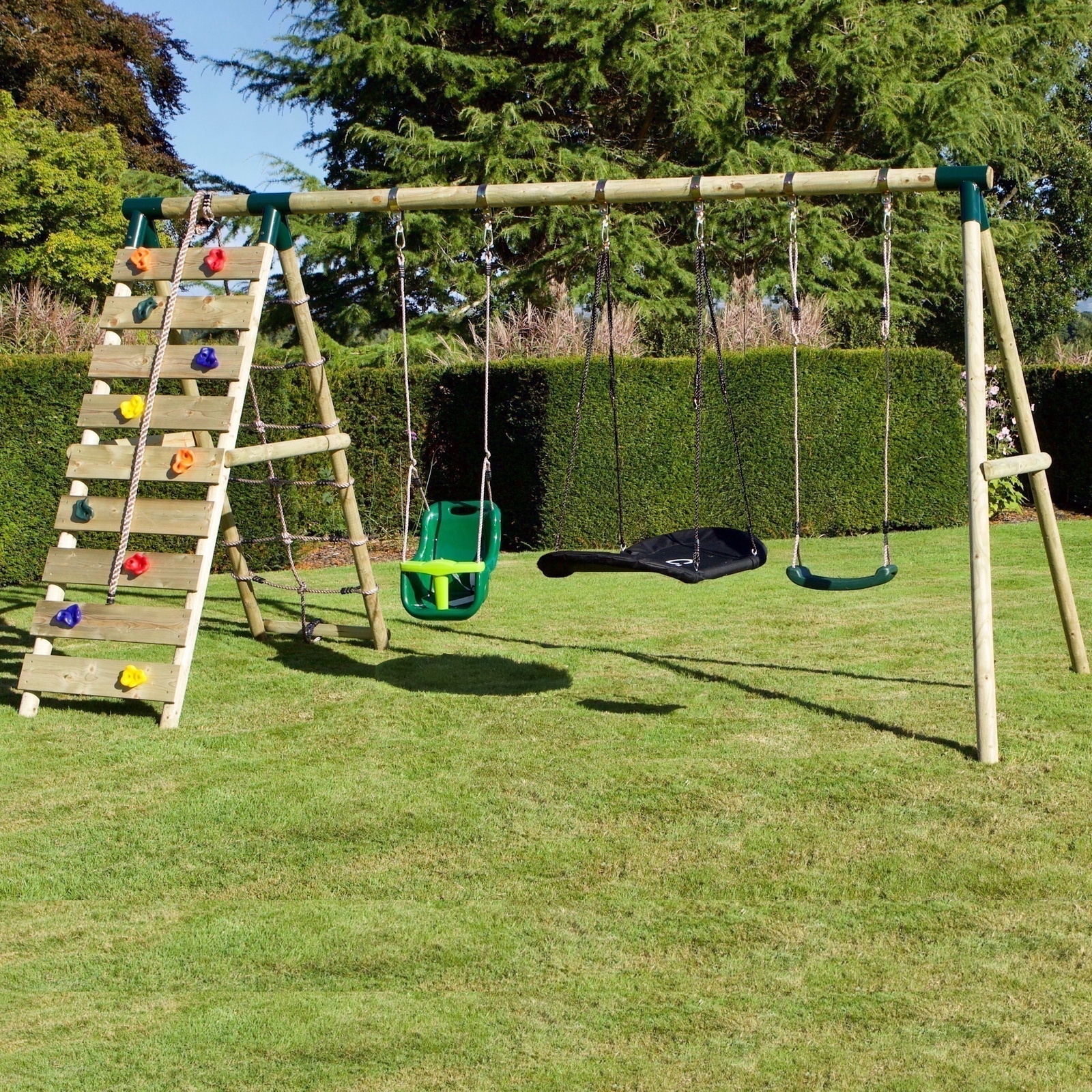 Rebo Wooden Swing Set with Up and Over Climbing Wall Skye Green eBay