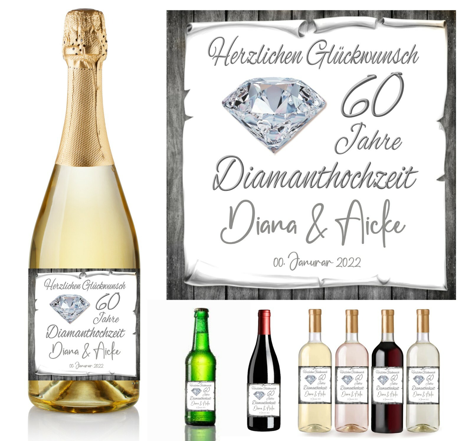 Aufkleber Flaschenetikett Hochzeitstag Name Datum 60 Jahre Diamanthochzeit