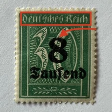 ERROR 1923 GERMANY $8K STAMP BLURRY LETTERS ON TOP, SURCHARGED "8" MISSING TOP