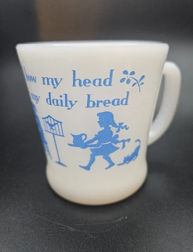 Fire King Prayer Mug Thank Thee for my Daily  Bread Silhouette Milk Glass Mug
