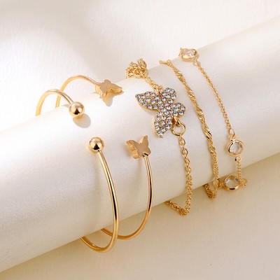 5PC New Bohemian Elegance Open Bracelets Rhinestone Butterfly Bracelet Girl  _cn