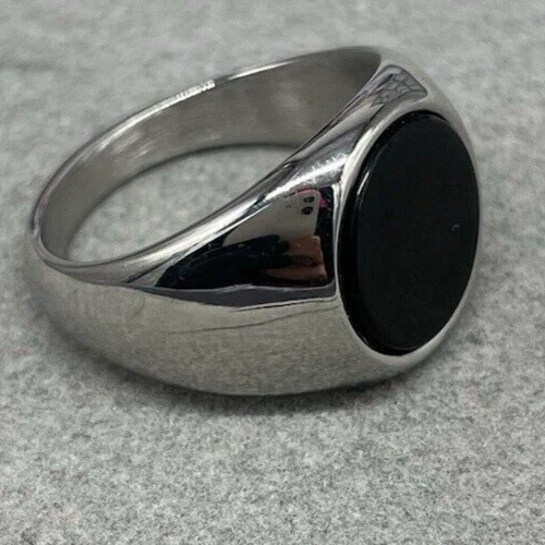 Anello da Uomo e Donna color argento in acciaio inossidabile e pietra nera tonda - Immagine 2 di 4