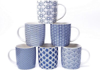Set 6 Muster Kaffeetassen 340 11,5 blau weiß geometrisch Cera spülmaschinenfest