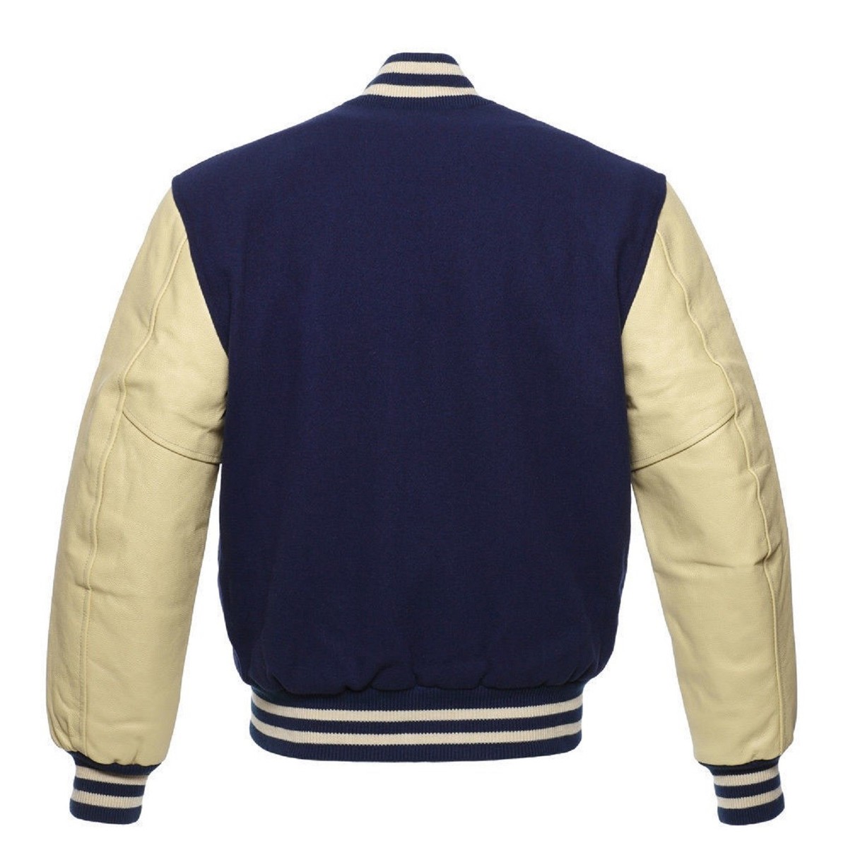 NavyBlue Wool Real Leather Sleeves Cream Letterman Varsity Bomber