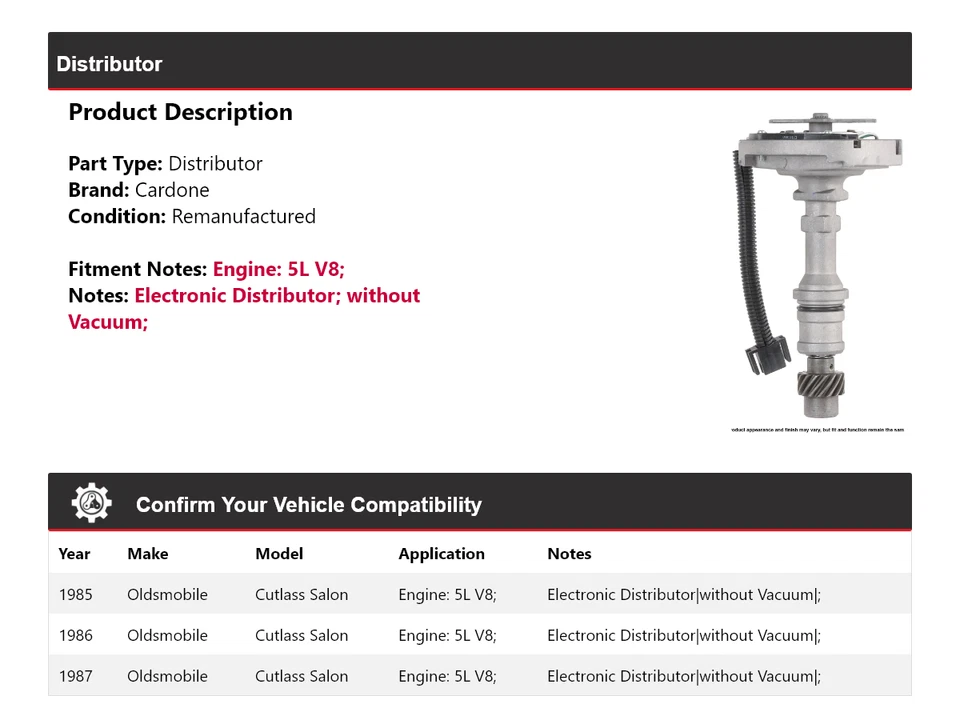Para Oldsmobile Cutlass Salón 1985-1987 5L V8 Distribuidor Cardone 1986 Foto 2 de 4