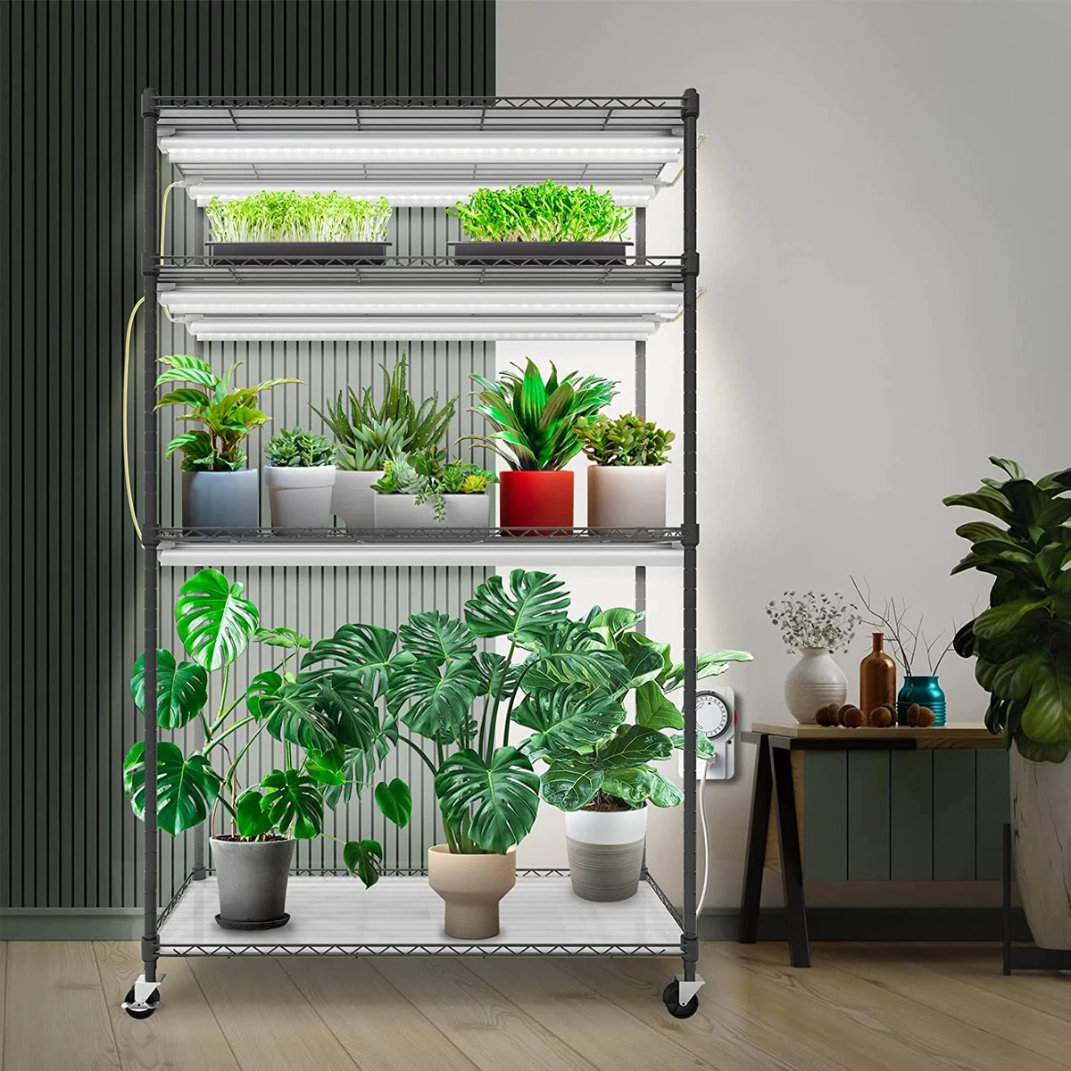 Indoor plant stand with grow light outlet