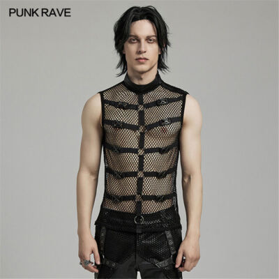 PUNK RAVE Men Black Mesh Sexy Punk Rock Gothic Tops Tank Sleeveless T-shirt