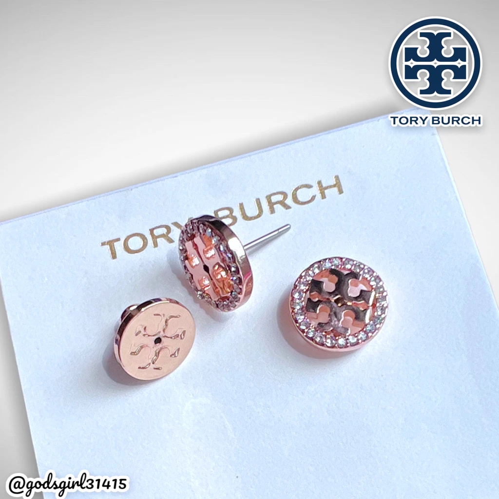 NWT Tory Burch Miller Rose Gold Pav Logo Circle Stud Earrings $98