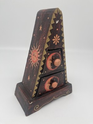 VTG Folk Art Wood Pyramid Drawers Hand Painted Celestial Sun Moon Trinket Chest