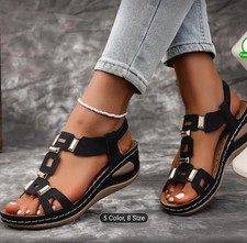 Women’s Open Toe Wedge Sandals – Comfy Summer Slip‑On Shoes – Black / White / Bl