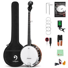 LEFT-HANDED Banjo 5 String Mahogany Open Back Banjo with Resonator, Remo Drum...