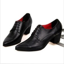 Mens Oxfords Formal Dress Lace Up Pointy Toe Cuban Heels Leather Shoes