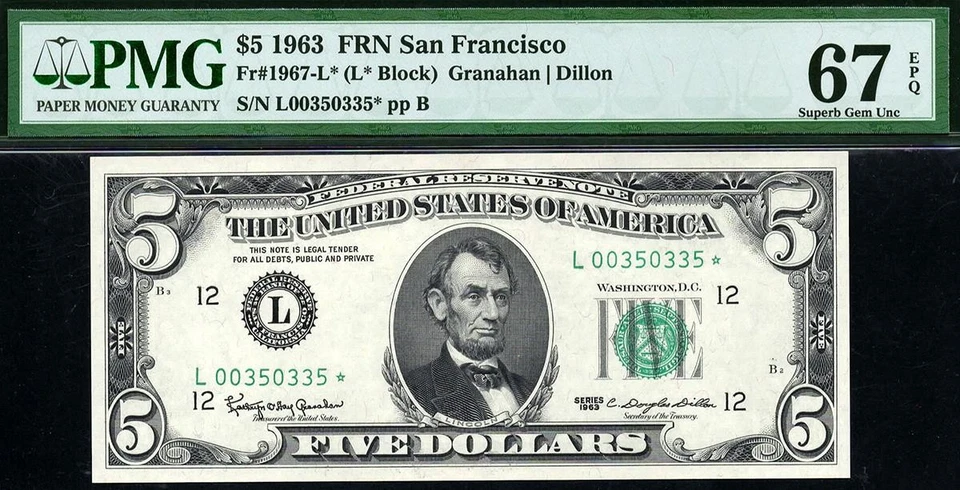 1963* 1967-L* $5 San Francisco STAR Federal Reserve Note • PMG 67 EPQ • *POP 3/1 - Image 2 of 3