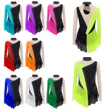 Kids Girls Ice Skating Dress Sparkly Long Sleeve Leotard Dress Ballet Dancewear