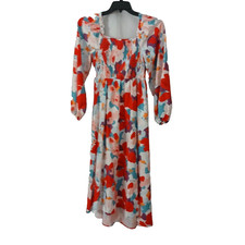 Boho-Chic Flowy Smocked Maxi Long Peasant Sleeves Square Neckline Festive Med