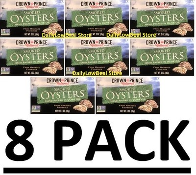 8 PACK - Crown Prince Natural Smoked Oysters in Pure Olive Oil 3 oz EA EXP: 2029