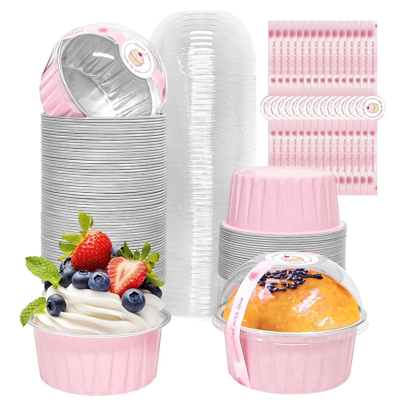 100 Pack 5oz Cupcake Pans with Dome Lids, Disposable Ramekin Cupcake Liners,R...