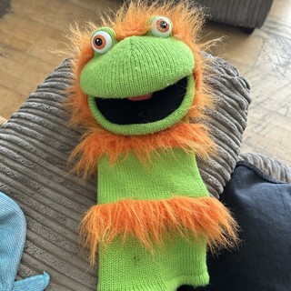 The Puppet Company Sockette Glove Hand Puppet Green Orange Monster. Knitted.