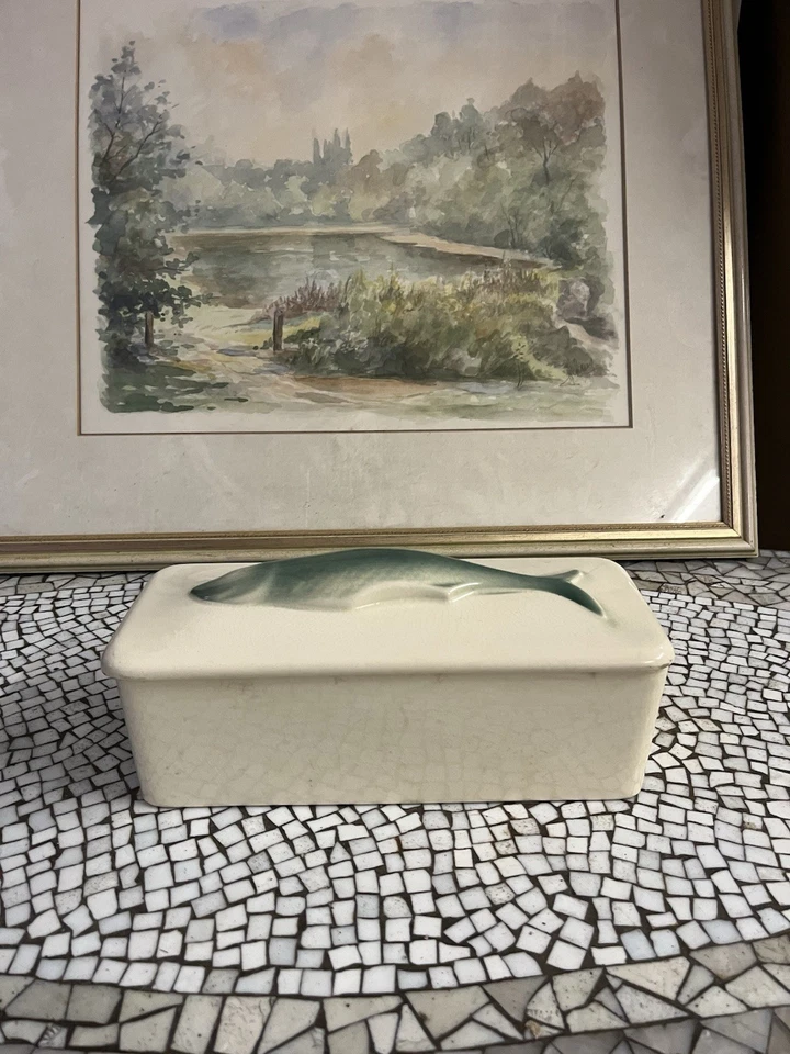 Antik Marinierte Herringe Keramik glasiert mit Deckel, Fischmotiv Beige/Grün - Bild 2 von 4