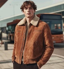 Premium Men s Brown Suede Leather Jacket with Shearling Collar