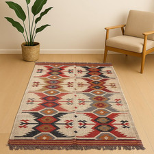 Traditional Kilim Wool & Jute Rug Handwoven Flatweave Carpet Boho Area Rug