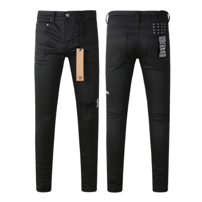 New Pop Men's Ripped Embroidery Pants Ksubi Skinny Fit Coated Black Jeans KU3020