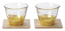 Kanazawa Hakuichi Gold Leaf Tea Cup Glass Pair With Wooden Coaster in Japan New