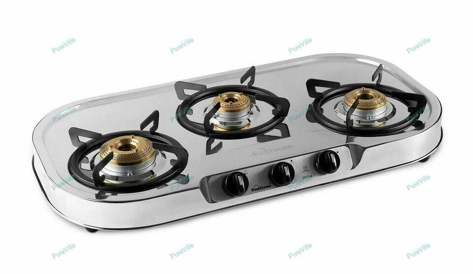 Sunflame 3 Burner Gas Stove Stainless Steel Manual Ignition Silver Color
