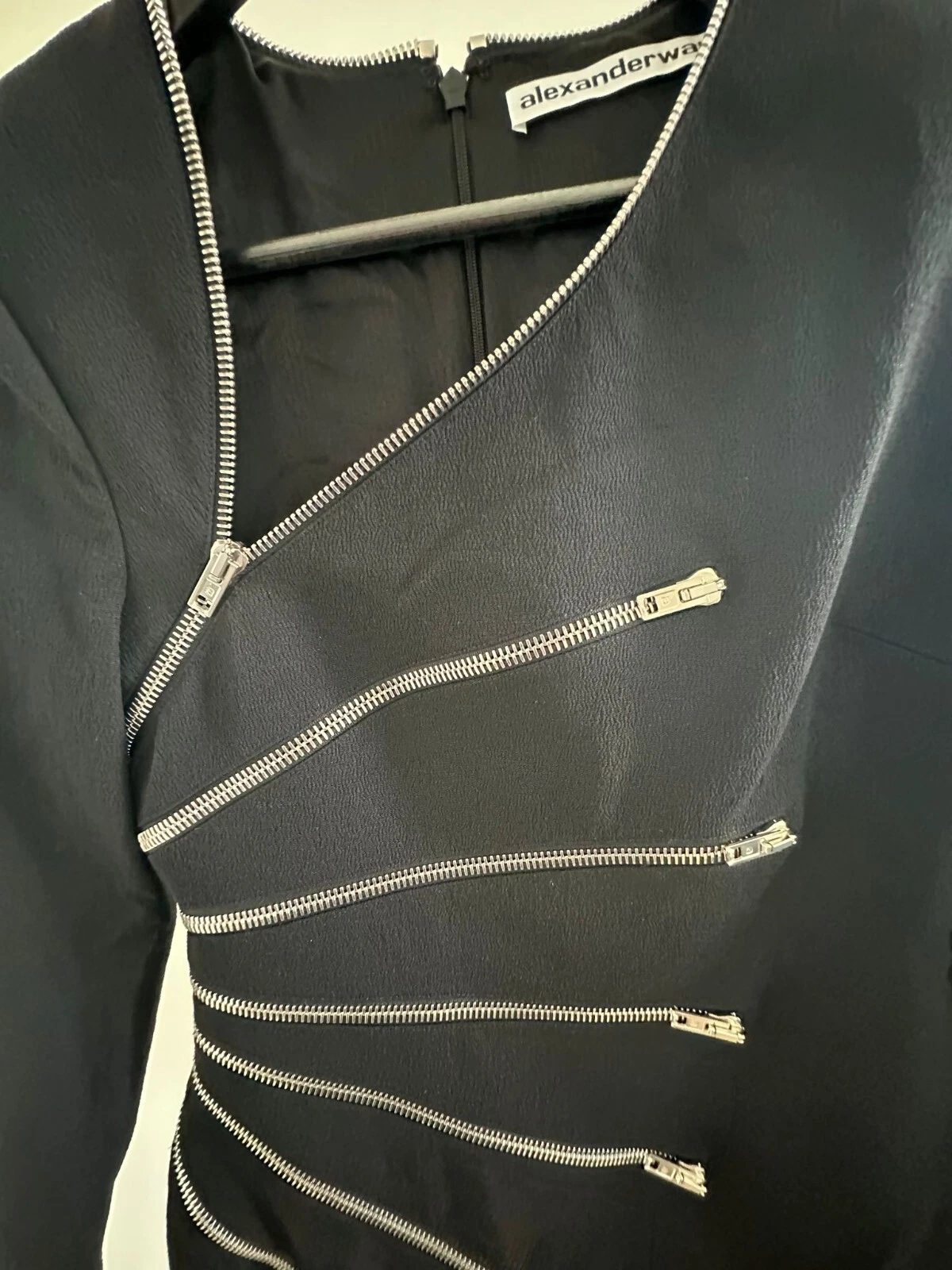 Alexander Wang abito nero manica lunga con dettaglio zip UK 10 taglia M