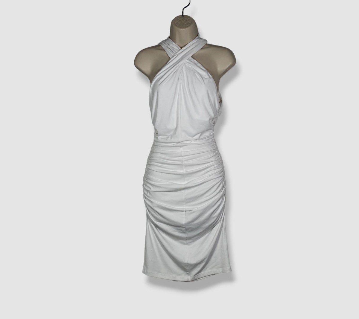 $178 Susana Monaco Women's White Ruched Crisscross Halter Bodycon Dress Size M $178 Susana Monaco Women's White Ruched Crisscross Halter Bodycon Dress Size M